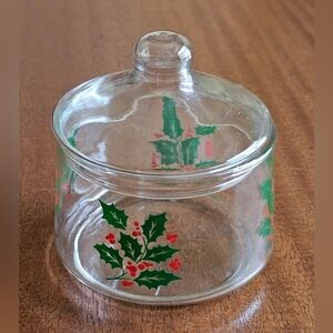Vintage Christmas Holly Berry Candy Dish With Lid Indiana Glass Clear Red Green